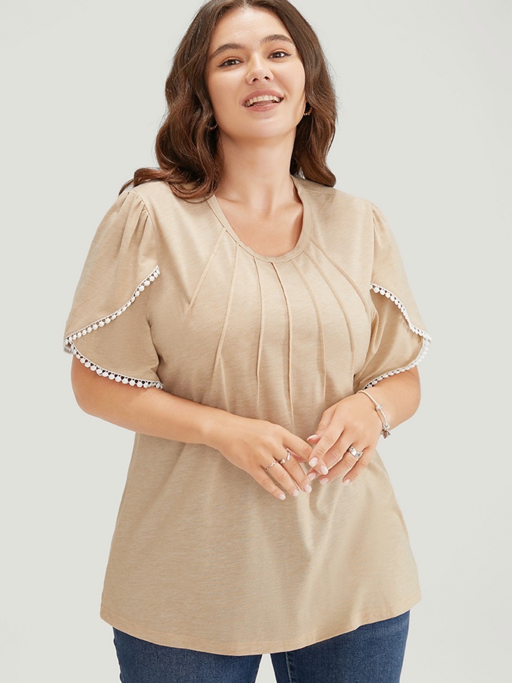 Beige Pleated Flutter Sleeve Solid Pleated Wrap Sleeve Pompom Trim T-shirt 5X